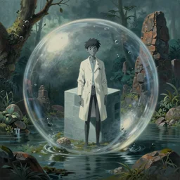 hyperrealist painting of a skinny grey scientist and a cube inside a giant transparent bubble from howl's moving castle ( 2 0 0 4 ) in a flooded monument valley stonehenge jungle. moody, misty, depth perception.