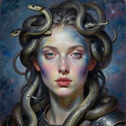 hyperrealism oil painting, close - up portrait of face from a tangle of snakes fashion model, knight, steel gradient mixed with nebula sky, in style of baroque