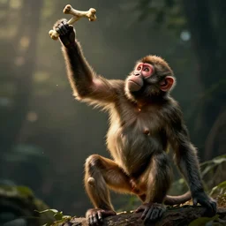 a monkey throwing a bone to the air , dramatic lighting, cinematic, establishing shot, extremly high detail, photorealistic, cinematic lighting, artstation, style by James Gurney