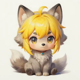 a painting of a small, anime chibi wolf girl with yellow hair, drawn by naga u, highly detailed, digital painting