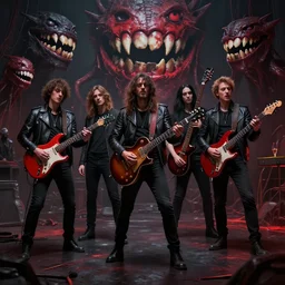 musicians collide with the multidimensional, smile, monster teeth covered in red, dark and mysterious, full body, cinematic, epic, very detailed, full body