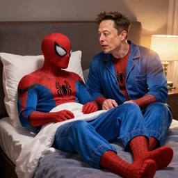 elon musk meets spiderman in pajamas sleepover artstation digital art hd high detail 4 k action scene