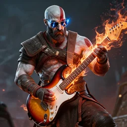 sunglasses kratos shredding a solo, flames bursting from stratocaster guitar, cinematic render, god of war 2 0 1 8, santa monica studio official media, sunglasses, lightning, stripe over eye, stripe over eye, stripe over eye