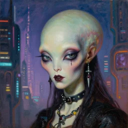 close up portrait of a punk goth alien martian girl in a futuristic retrowave city by david lachapelle, oil painting by canaletto hieronymus bosh leonardo da vinci piero della francesca botticelli rex whistler