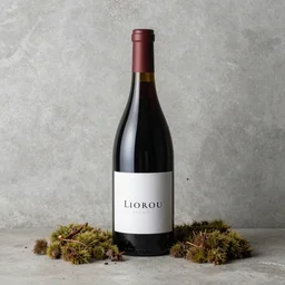 fotografia de botella de vino, fondo cemento, un poco de musgo, fotografia profesional