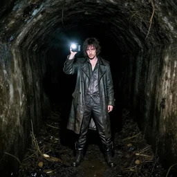 sewerstyle asthetic, toxic waste, unsanitary, darkness, exploration, urban tunnels, swamps, camera flash in a pitch blackness, heavier emphasis on fashion style of dave mckean