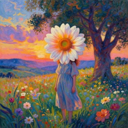 girl with a giagantic flower as a face, surreal photography, dream, standing in flower field, hills, big trees, sunrise dramatic light, impressionist painting, colorful clouds, digital painting, pointillism, artstation, simon stalenhag, flower face