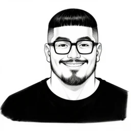 ink line drawing of a buff smiling man with long stubble, muscular neck, rectangular square shaped glasses and a black bowl cut, wearing a black tshirt, b & w clean shaped illustration by kim jung gi, ric estrada, ron english and eiichiro oda