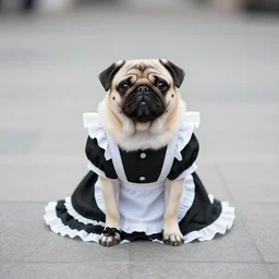 cosplay photo of a cute pug wearing a black french maid dress, canon eos r 3, f / 1. 4, iso 2 0 0, 1 / 1 6 0 s, 8 k, raw, unedited, symmetrical balance, wide angle