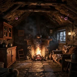 a rendering of interior of a hebrides crofter's black house dwelling in scotland, 1 8 0 0 s, cozy, open peat fire in center of room, stone floor, smokey, cabinets, wooden furtniture, very low ceiling, turf roof, small windows, large hanging kettle, bloom, soft lamp light, volumetric lighting, dark, dingy, old, unreal engine 5 render