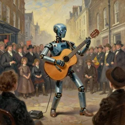 a guitar player as a robot performing for a crowd in victorian era london, painting