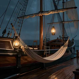 the hold of a galley, hammocks hanging starboard and port, light from oil lamps, digital art