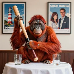 rendering of red orangutan holding baseball bat as lighthouse, white tablecloth, glass tableware, travel poster artwork by michael whelan and tomer hanuka, high contrast, full of details, by makoto shinkai and thomas kinkade, matte painting, trending on artstation and unreal engine