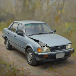 an oil painting of a broken - down 2 0 0 2 saturn sl 2 sedan