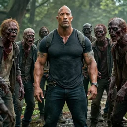 film still of dwayne the rock johnson surrounded by zombies in the new walking dead tv series, 4 k