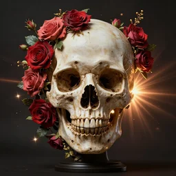 skull bust, technology vs nature, split in half, roccoco roses explosion out of the face, volumetric lighting, unreal engine, photorealistic by michael komarck, greg rutkowski, victo ngai, artgerm, willem claesz heda and j. dickenson