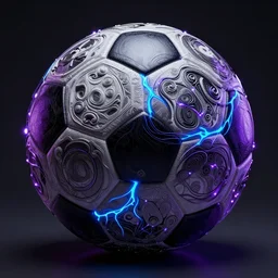 soccer ball, ornate and intricate, by greg rutkowski, by anton fadeev, by rhads, 4 k, cyber punk style, glowing blue veins, purple glowing wires