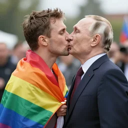 putin kissing a guy in front of a rainbow flag, photorealistic.