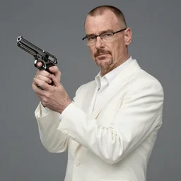 walter white in a white suit, holding a pistol