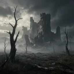 beautiful render of a eerie and desolate landscape, unreal engine, dark, first light, dead trees, moor, morning mist, dramatic clouds, big castle ruin, soft light, by greg rutkowski and h. r. giger, cgsociety
