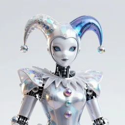front shot of a court jester!!!! character, polished, glossy, holographic crystals, bionic futurism, robotic cyborg, 8 5 mm f 1. 8, ominous elegant detailed concept artstation sharp focus ray tracing cinematic masterpiece fine portrait, by artgerm greg rutkowski tooth wu beeple