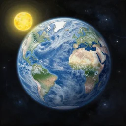 a detailed painting of a marble - like water planet with continents orbiting a yellow sun in a sea of stars, by petros afshar, marc simonetti, trending on artstation, deviantart, planet, clouds, earth, exoplanet, stars, nubulae hubble, 8 k, 4 k