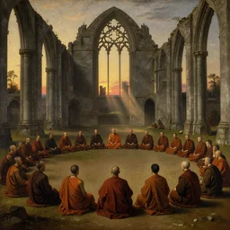 crowd of monks sitting in circular formation in giant gothic ruins with stunning evening dusk light and god rays, old dutch era master painting by hsiao - ron cheng, miho hirano, john singer sargent
