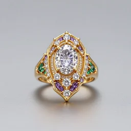 mystical gold and diamond female ring with fine purple and green details, ultra detailed, centered, octane render, elegant, caustics