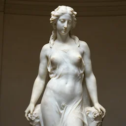 front view of a sculpture of a woman in a dress with long hairs, rodin, white marble, back light