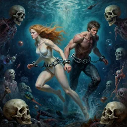 shackled in the void, by hr beeple and cgsociety. stunning goddess of speed charlie bowater and tom bagshaw, insanely detailed, artstation, space art. atoms surrounded by skulls and spirits deep under the sea, horror, sci - fi, surrealist painting, by peter mohrbacher