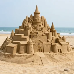 high quality photograph of a masterfully crafted sand sculpture of a massive detailed medieval town at the beach