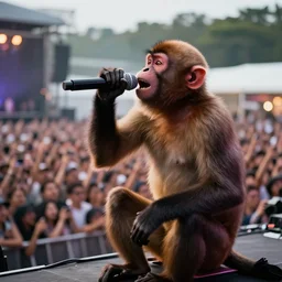 a bald monkey singing into a microphone whilst performing to a large crowd at an outdoor concert. highly detailed. cinematic