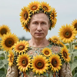 photo portrait of Vladimir Putin - sunflowers -  dressed in long elegant intricate ornamental  sunflower dress, natural skin tone, highly detailed  realistic flowers ornament in the upper side of breast, hair and wrinkles are intricate with highly detailed realistic flowers, elegant, Realistic, Refined, Highly Detailed, natural soft pastel lighting colors scheme, fine art photography by Cecil Beaton, volumetric lighting, hyper realistic photography