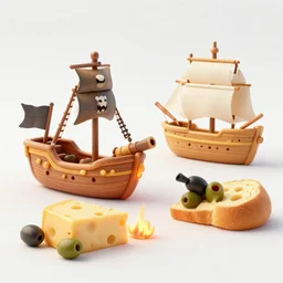 a pirate ship made out of cheese fires cannonballs made out of olives at a merchant ship made out of bread