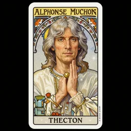 realistic gray - haired geoffrey hinton on a tarot card, tarot in art style by alphonse mucha