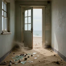 there are cockles and broken glass spread across the floor. the door is wide open and the sand made drifts all down the hall. broken panes in the window reflected light if from the sky. this is no longer my house, it has been claimed by the sea