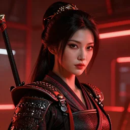 portrait of samurai woman, red cyberpunk, red neon glow environment, by Eddie Mendoza, detailed, octane render, cryengine, unreal engine 5,