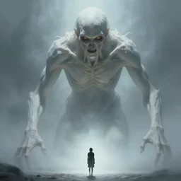 an immense beautiful terrifying pale humanoid giant looming over a tiny human. ethereal horror art by greg rutkowski and artgerm