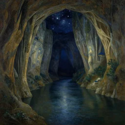 a beautiful painting of the view from the river of the caverns measureless to man down to a sunless sea, at night with a sky full of stars, intricate, elegant, highly detailed, digital painting, artstation, concept art, by krenz cushart and artem demura and alphonse mucha