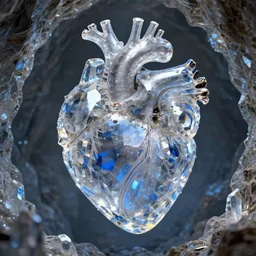 crystal cave with large transparent crystals forming a human heart, intricate details, 3 d occlusion, blue on transparency on silver, heart