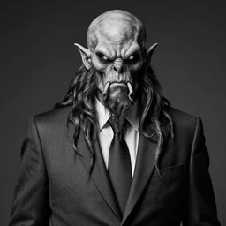black and white photograph of cthulhu wearing a business suit, highly detailed, high quality, high resolution