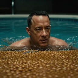 tom hanks swimming in a pool of baked beans, realistic, moody grindhouse, dark