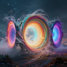 Infinite colorful portals to alternate dimensions open before him and ripple through space time, photo realistic, dramatic lighting, windy, UHD 8K
