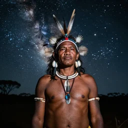 aboriginal man at night, portrait, photorealistic, 8k, galaxies in the sky