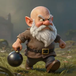 bald gnome with big white beard holding a dagger and bomb running through a field looking angry. hyper realism, dramatic ambient lighting, epic composition, high detail, octane render, unreal engine, 8 k, smooth gradients, professional photo, photorealistic, concept art, oil painting, 3 d render, digital art, deviantart artstation, ray tracing, intricate complexity, extremely detailed,
