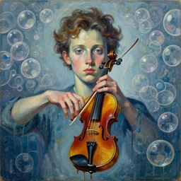 portrait of a young violinist focusing, violin floating in air, painted by vincent lefevre and hernan bas and pat steir and hilma af klint, psychological, symmetrical face, dripping paint, washy brush, background with hundreds of bubbles of memories by andreas gursky, rendered in octane, altermodern, masterpiece