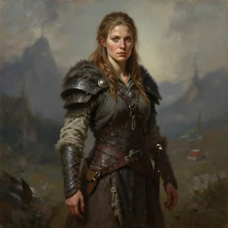a full body high detail fantasy portrait oil painting illustration of a beautiful young rugged stoic barbarian woman by justin sweet with face and body clearly visible, in a scenic background, pupils visible, high detail, realistic proportions, d & d, rpg, forgotten realms, artstation trending, high quality, sombre mood, artstation trending, muted colours, entire person visible!