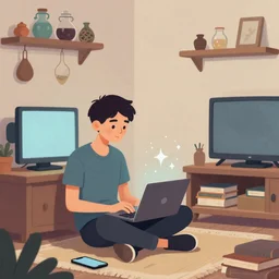 a skinny computer nerd guy sitting on the floor of his room, crossed legs, laptop, smartphone, video games, tv, books, potions, jars, shelves, knick knacks, tranquil, calm, sparkles in the air, magic aesthetic, fantasy aesthetic, faded effect, illustration, digital illustration, aesthetic!!