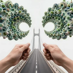 street view of a bridge being held up by two hands, fantasy landscape made of fractals facing each other, ultra realistic, wide angle, intricate details, the fifth element artifacts, highly detailed by peter mohrbacher, hajime sorayama, wayne barlowe, boris vallejo, aaron horkey, gaston bussiere, craig mullins