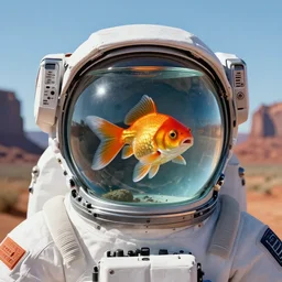 symmetric digital portrait of the astronauts. the head is a fish tank, and there is a goldfish with its teeth exposed and smiling, monument valley, sharp focus, realistic scifi masterpiece, cinematic natural light, highly intricate details, 8 k, hdr, octane render